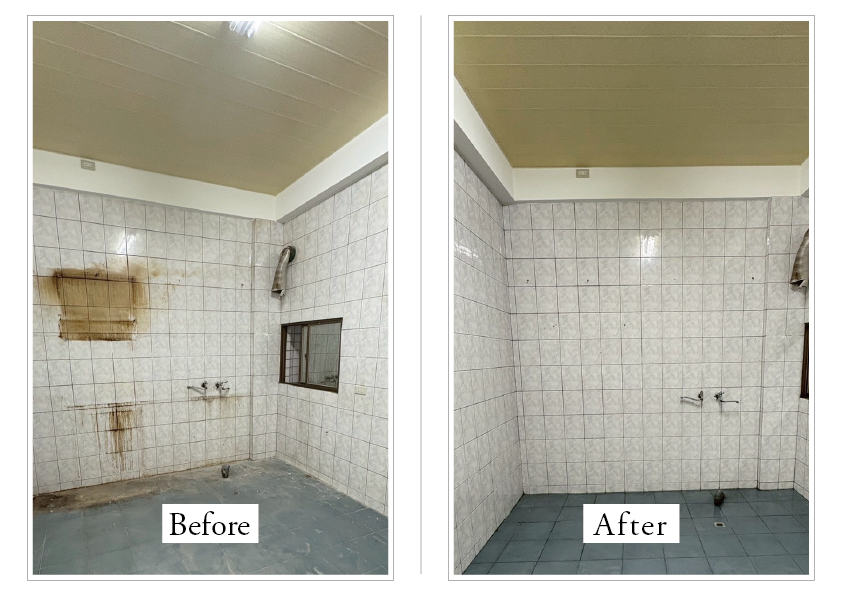 台南 居家大掃除|廚房磁磚與地面清潔 前後對比—水垢與髒污清除、地面復原