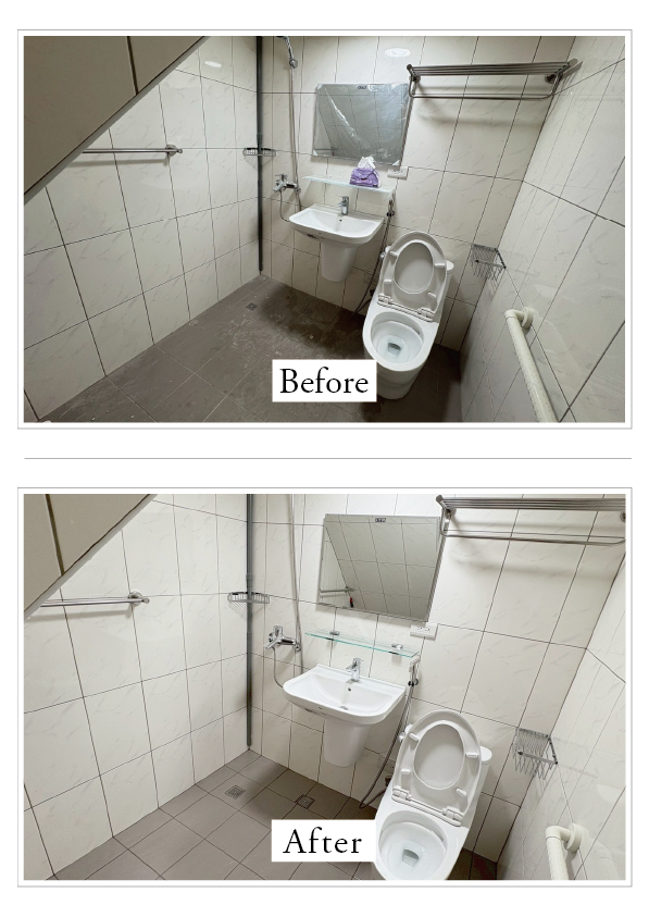 台南 裝潢後細清|浴室磁磚與地面清潔 前後對比—水垢與髒污清除、地面復原